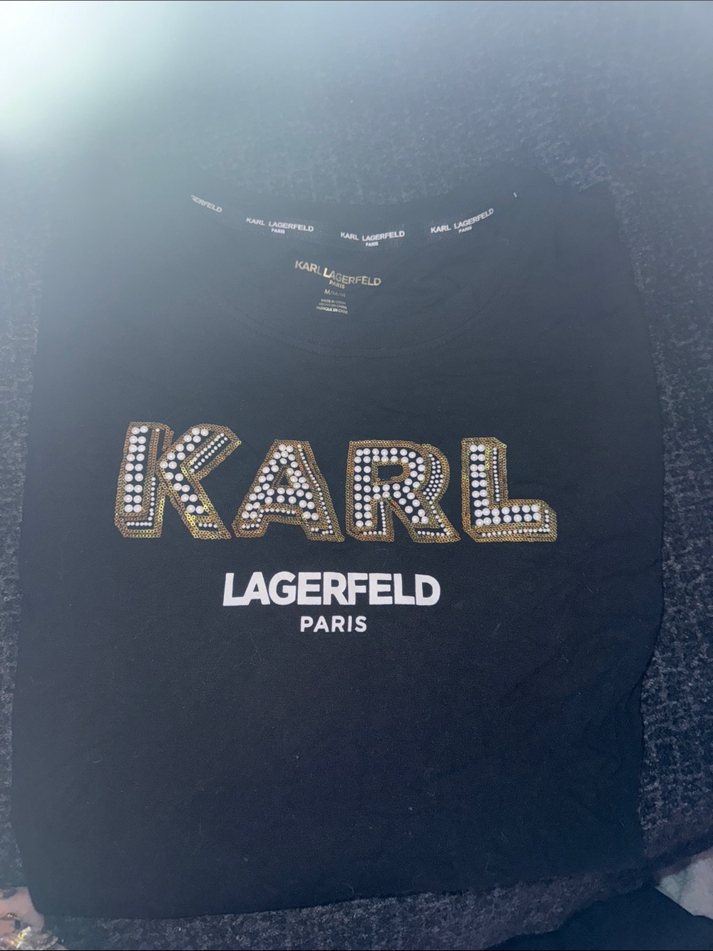 Karl Lagerfeld Black Tee with Gold and Silver Studded KARL Logo